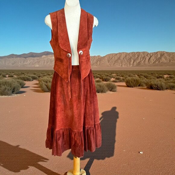 Carla Dresses & Skirts - Carla Vintage 70s 80s Cowgirl Festival Rust Suede Vest and Full Skirt READ